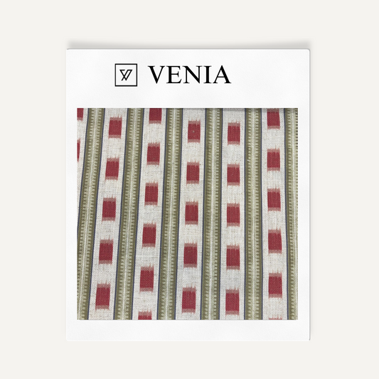 Crimson colonial stripe upholstery fabric swatch by Venia Home