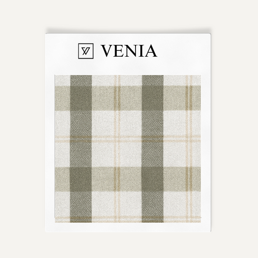 Sage green and ivory cottage plaid upholstery fabric swatch by Venia Home