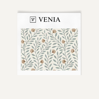 Beige and blue cottage vine upholstery fabric swatch by Venia Home