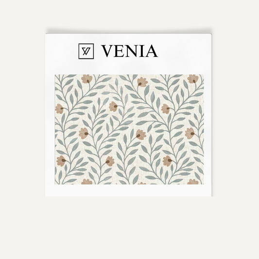 Beige and blue cottage vine upholstery fabric swatch by Venia Home