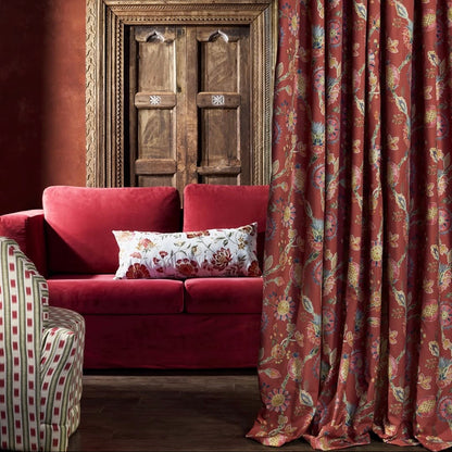 Close-up detail of crimson jacobean fabric