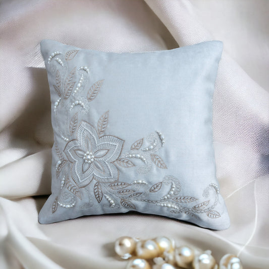 elegant embroidered cushion cover with pearls, ideal for enhancing living room