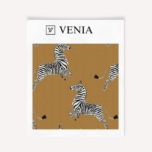 Camel dancing zebra upholstery fabric swatch by Venia Home