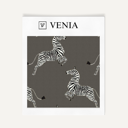 Dark grey dancing zebra upholstery fabric swatch by Venia Home