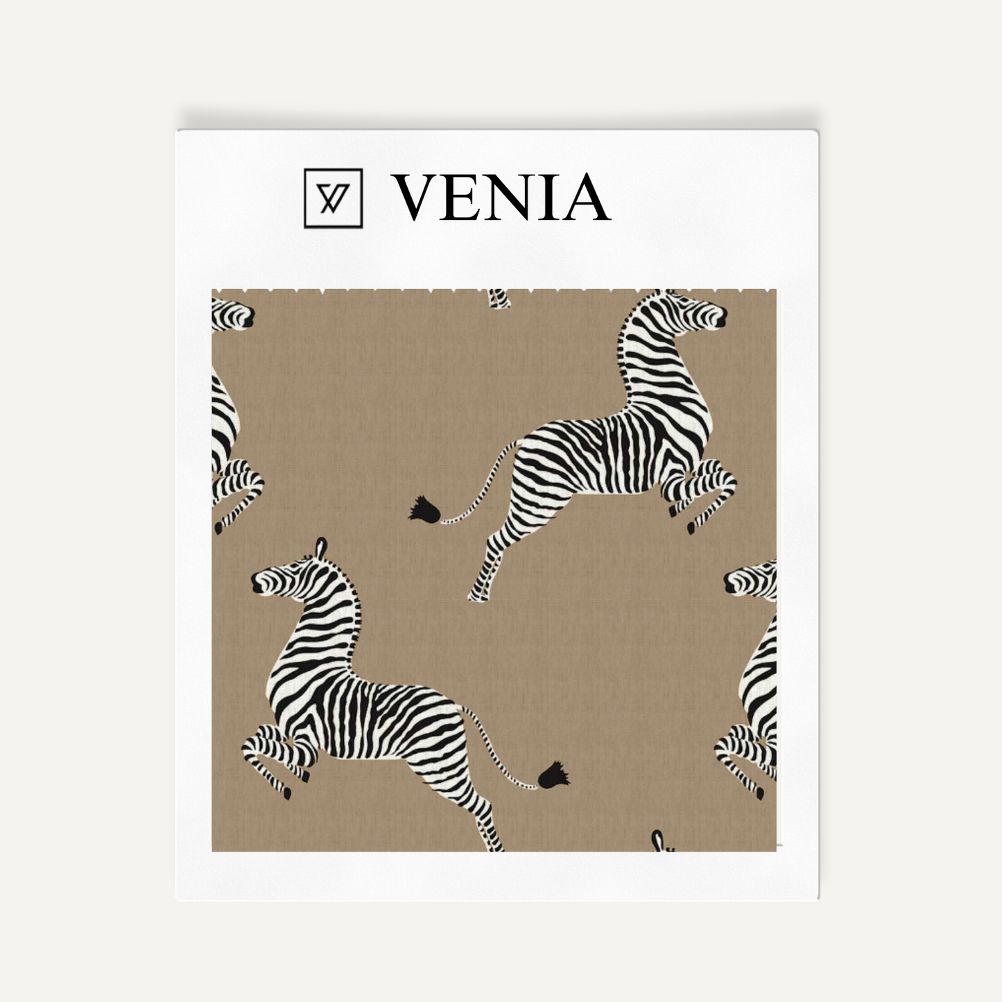 Taupe dancing zebra upholstery fabric swatch by Venia Home