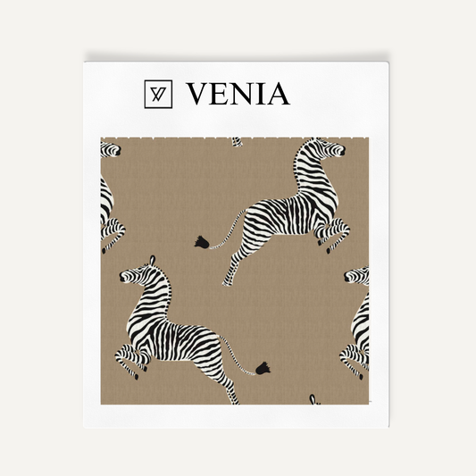 Taupe dancing zebra upholstery fabric swatch by Venia Home