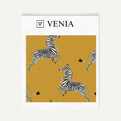 Yellow dancing zebra upholstery fabric swatch by Venia Home