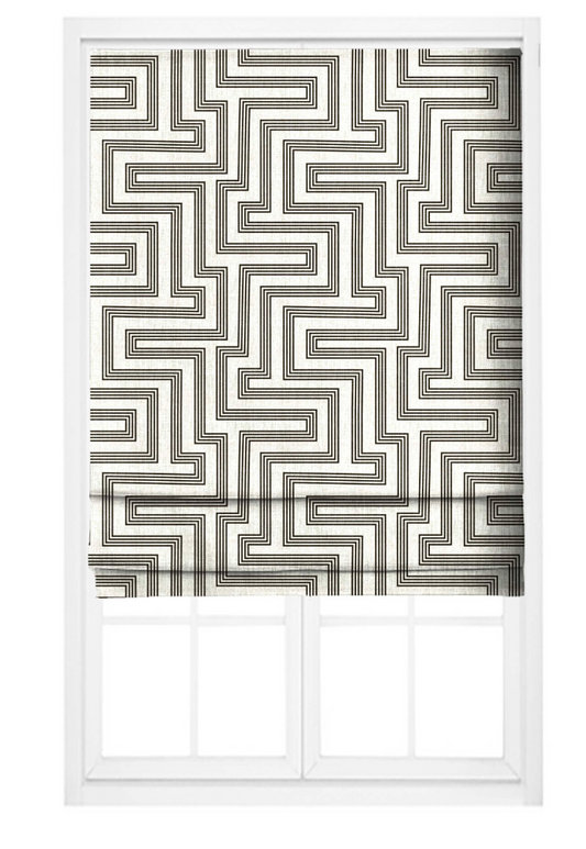 Close-up detail of ivory and black deco maze III fabric