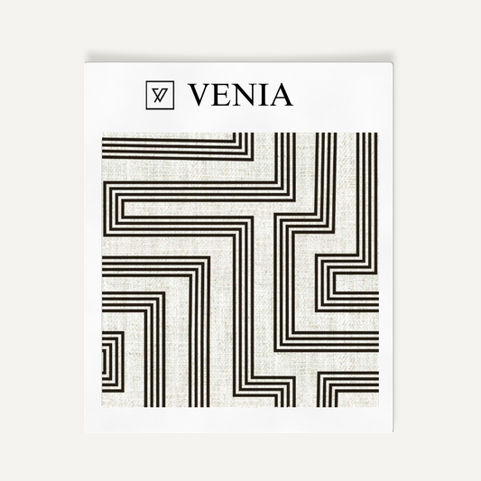 Ivory and black deco maze III upholstery fabric swatch by Venia Home