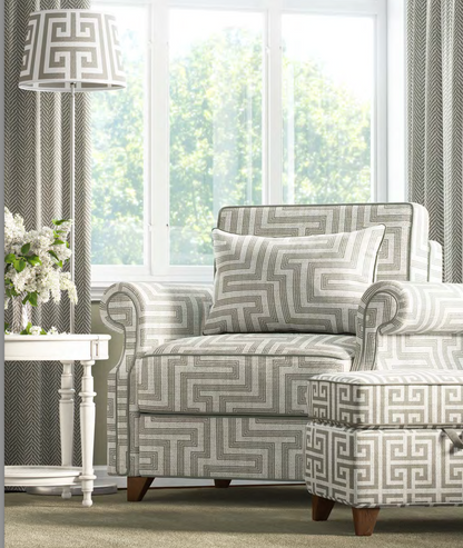 Close-up detail of ivory and greige deco maze III fabric