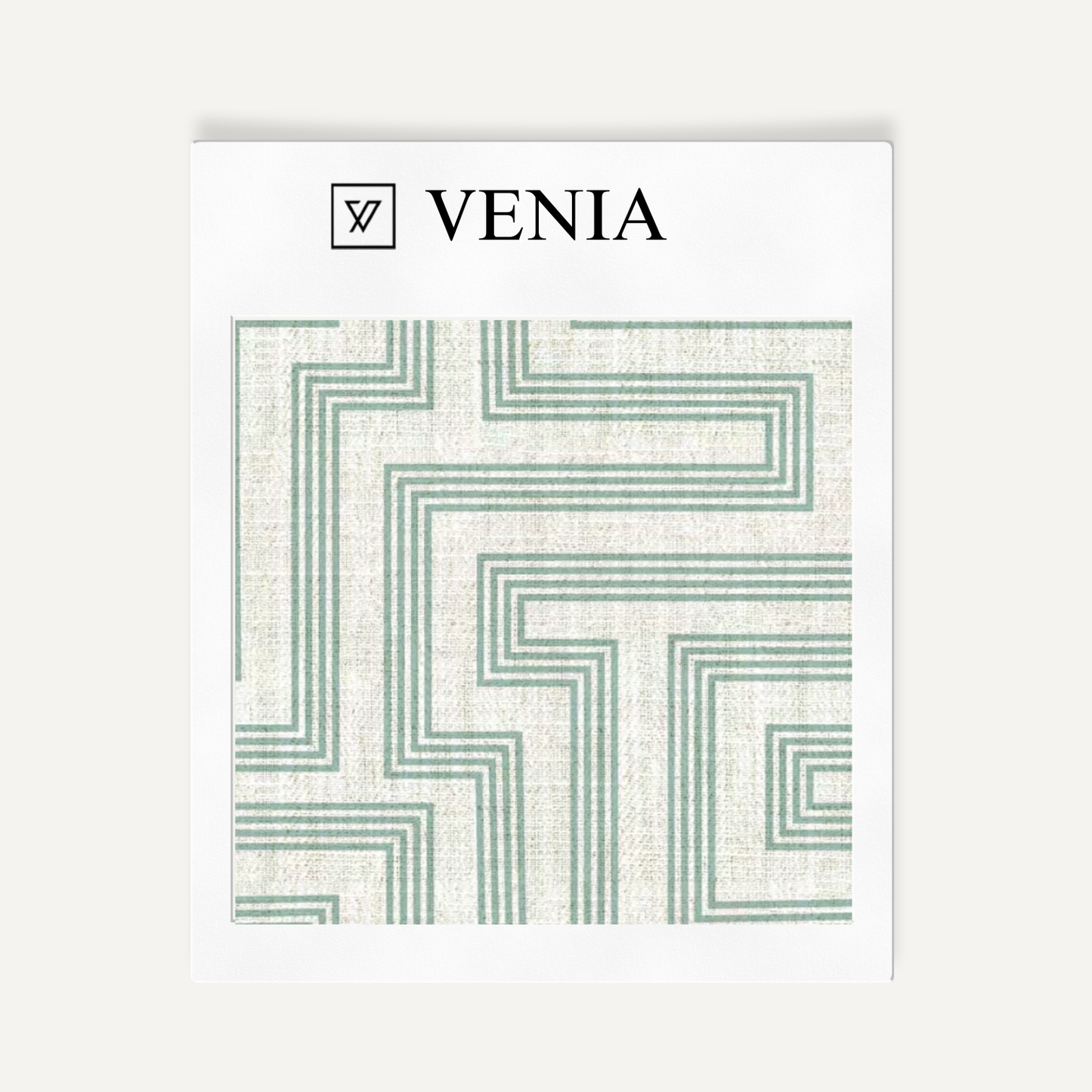 Ivory and jade green deco maze III upholstery fabric swatch by Venia Home