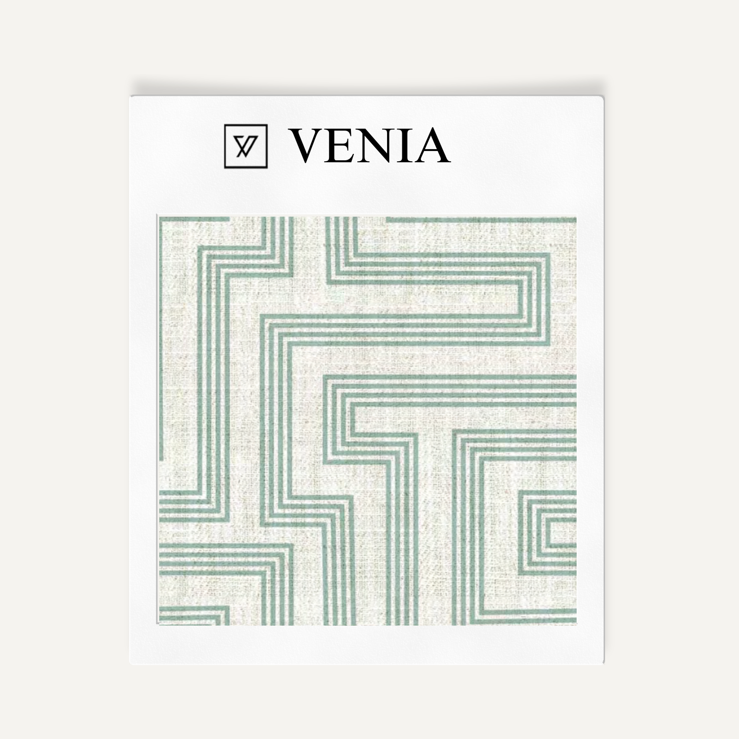 Ivory and jade green deco maze III upholstery fabric swatch by Venia Home