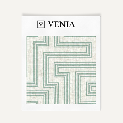 Ivory and jade green deco maze III upholstery fabric swatch by Venia Home