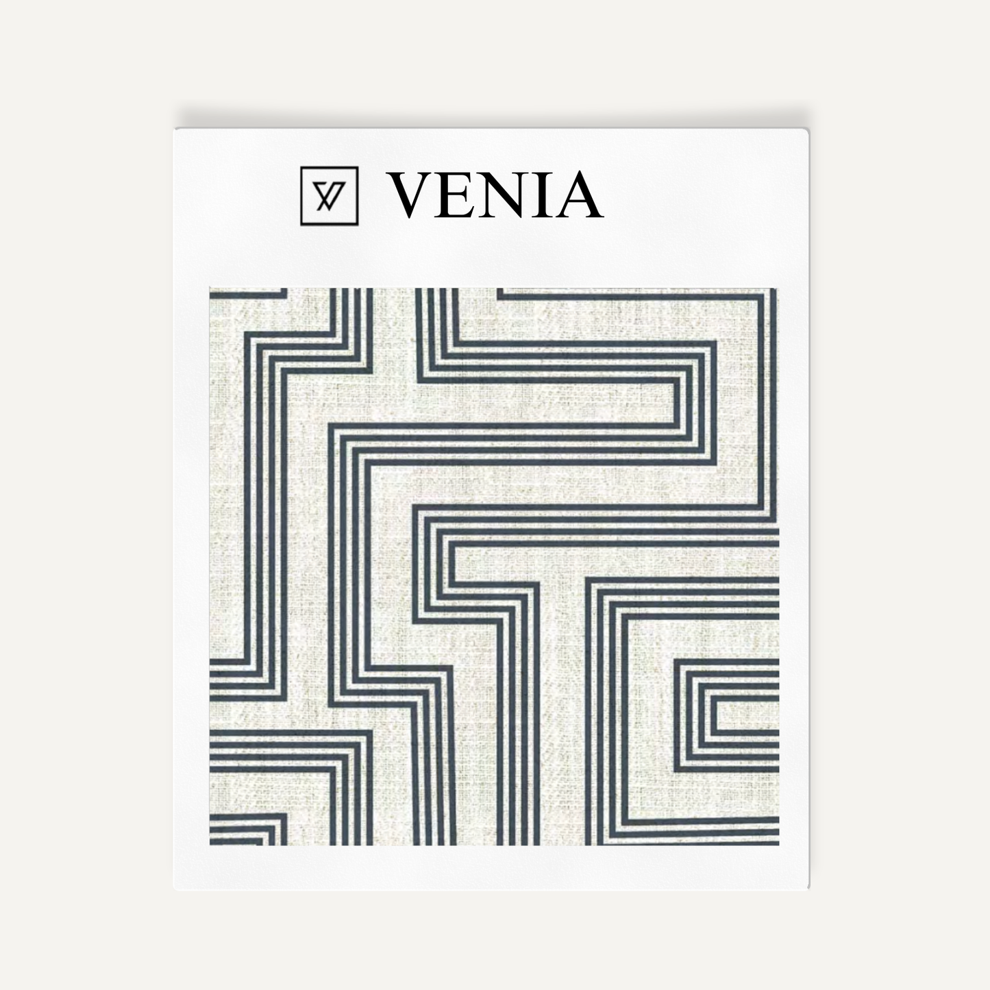 Ivory and navy deco maze III upholstery fabric swatch by Venia Home