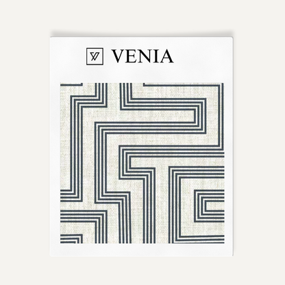Ivory and navy deco maze III upholstery fabric swatch by Venia Home