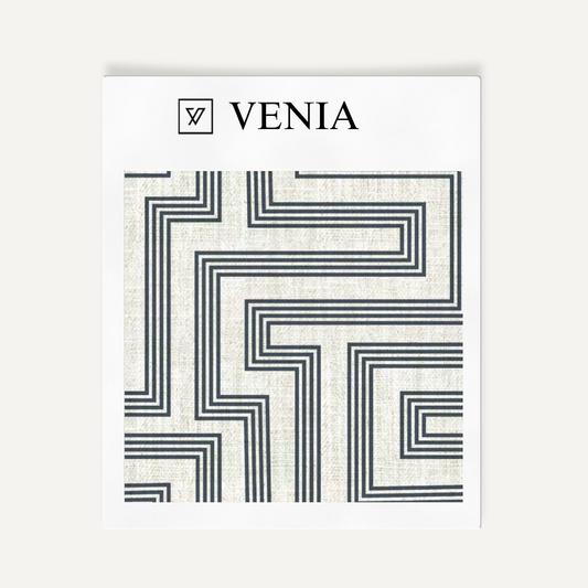 Ivory and navy deco maze III upholstery fabric swatch by Venia Home