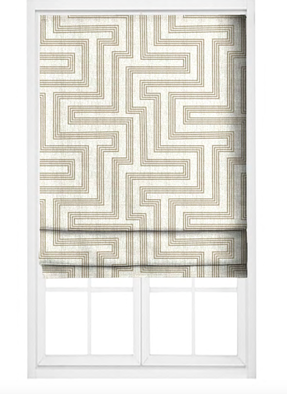 Close-up detail of ivory and sand deco maze III fabric