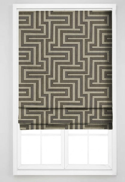 Close-up detail of taupe and black deco maze III fabric