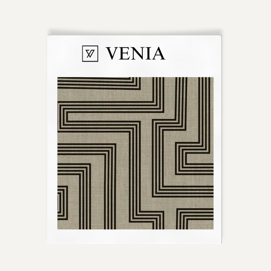 Taupe and black deco maze III upholstery fabric swatch by Venia Home