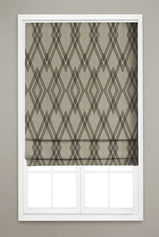 Close-up detail of taupe and black diamond weave fabric