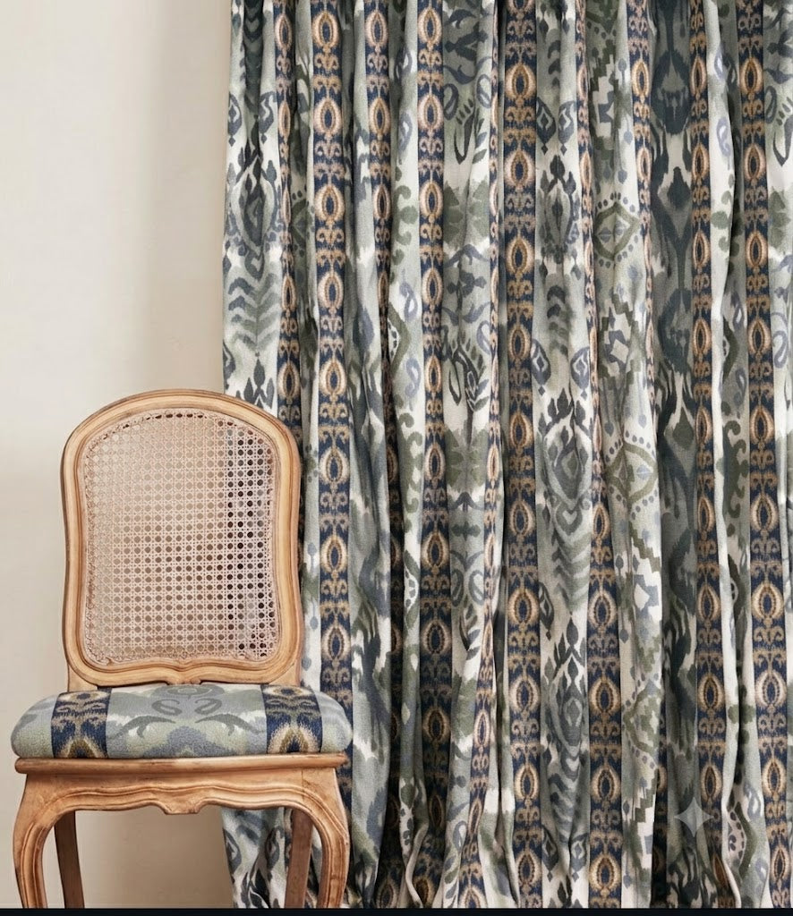 Close-up detail of indigo echoes of ikat fabric