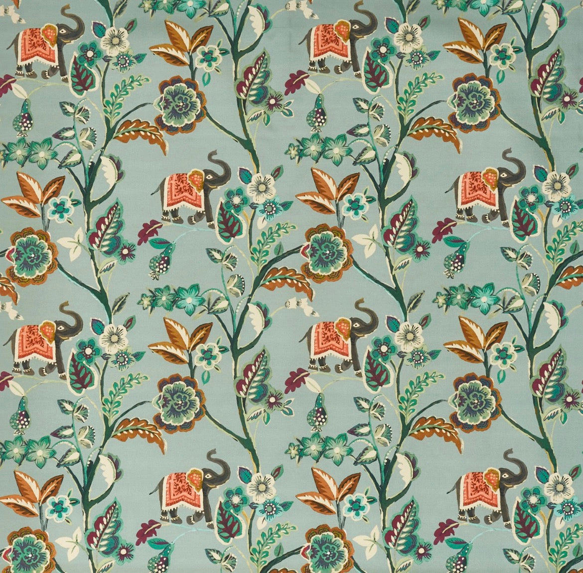 Close-up detail of turquoise tones elephant song fabric
