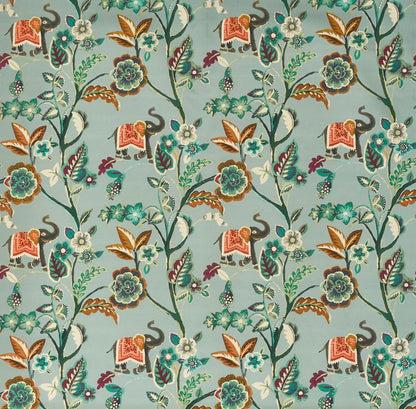 Close-up detail of turquoise tones elephant song fabric