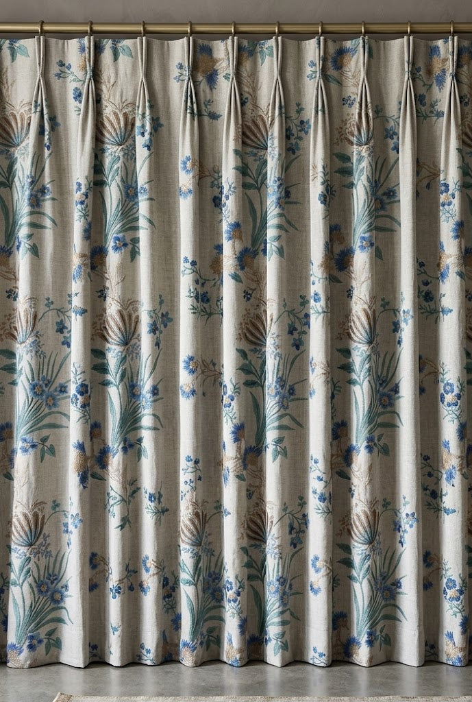 Ivory exotic eden fabric with blue flowers as curtain