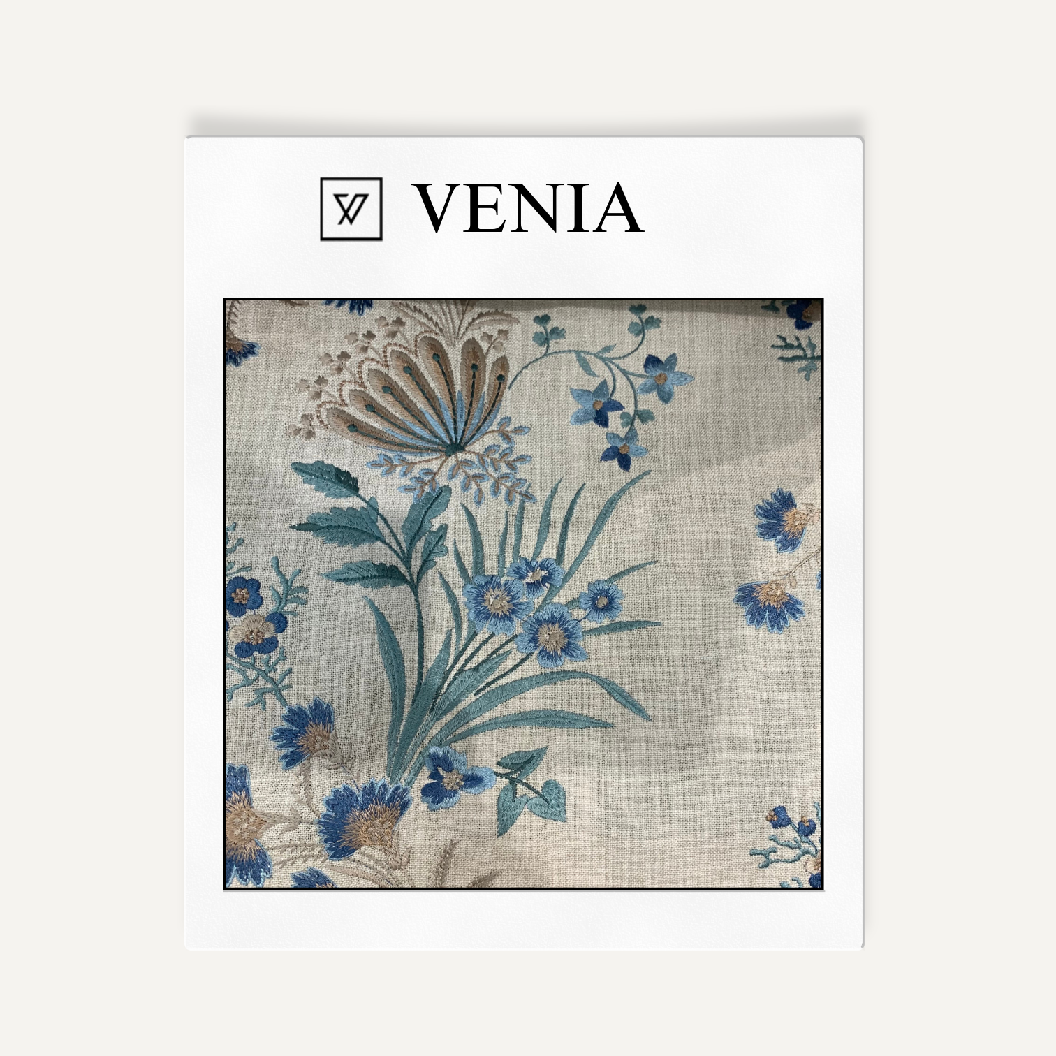 Ivory exotic eden fabric with blue flowers, upholstery swatch by Venia Home