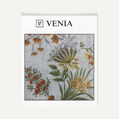 Ivory with orange flowers exotic eden upholstery fabric swatch by Venia Home