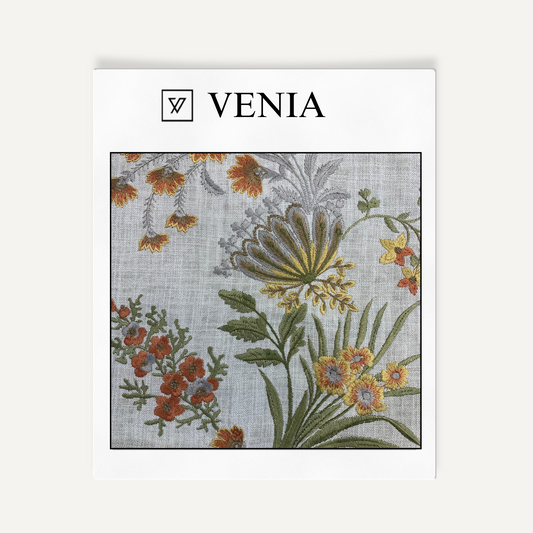 Ivory with orange flowers exotic eden upholstery fabric swatch by Venia Home
