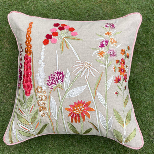 beige cushion cover with floral embroidery