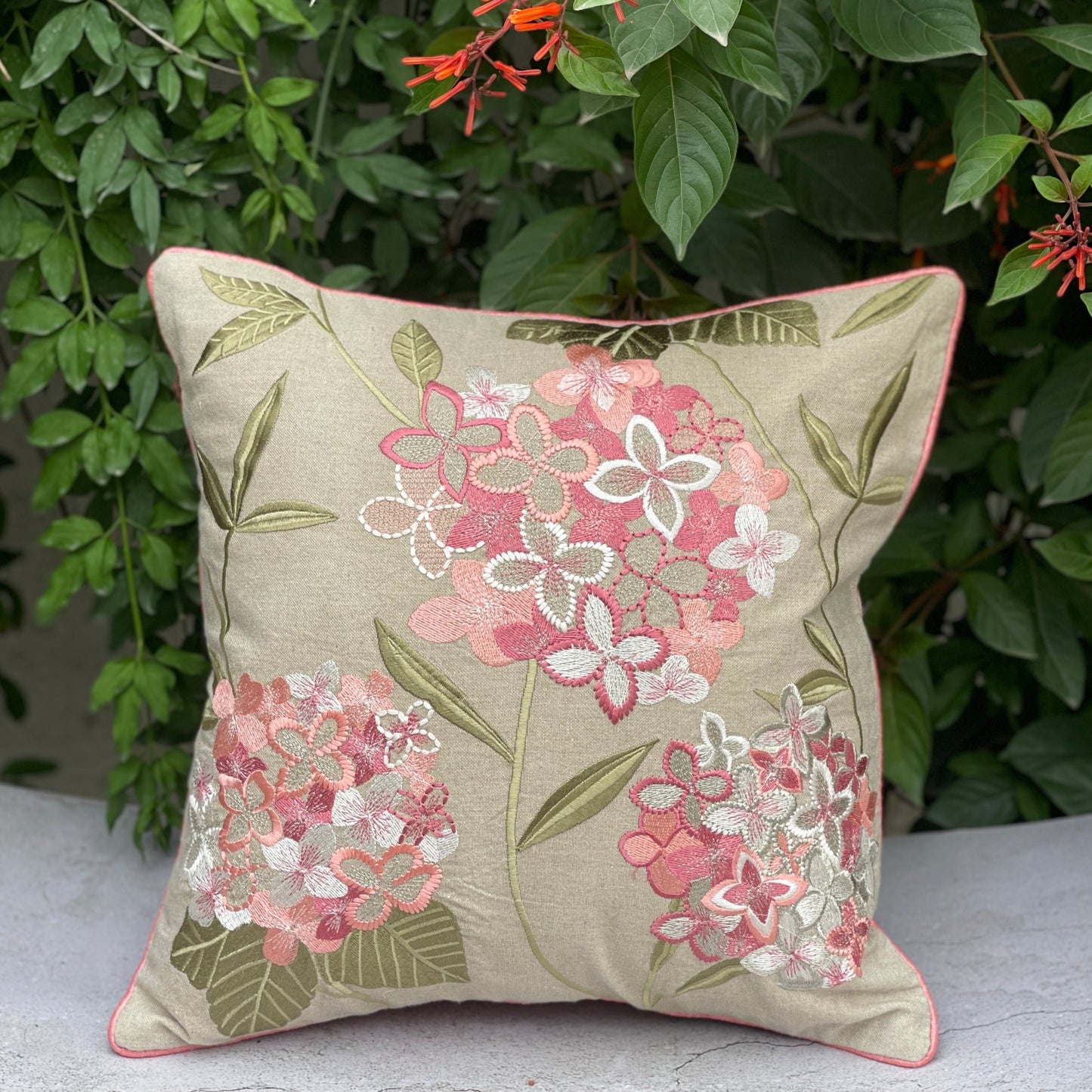 beautiful beige cushion cover with floral  embroidery