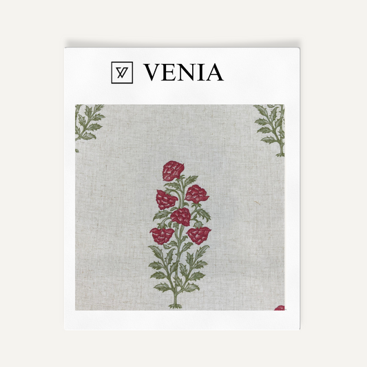 Crimson flowers Floral Reverie sheer linen curtain swatch by Venia Home