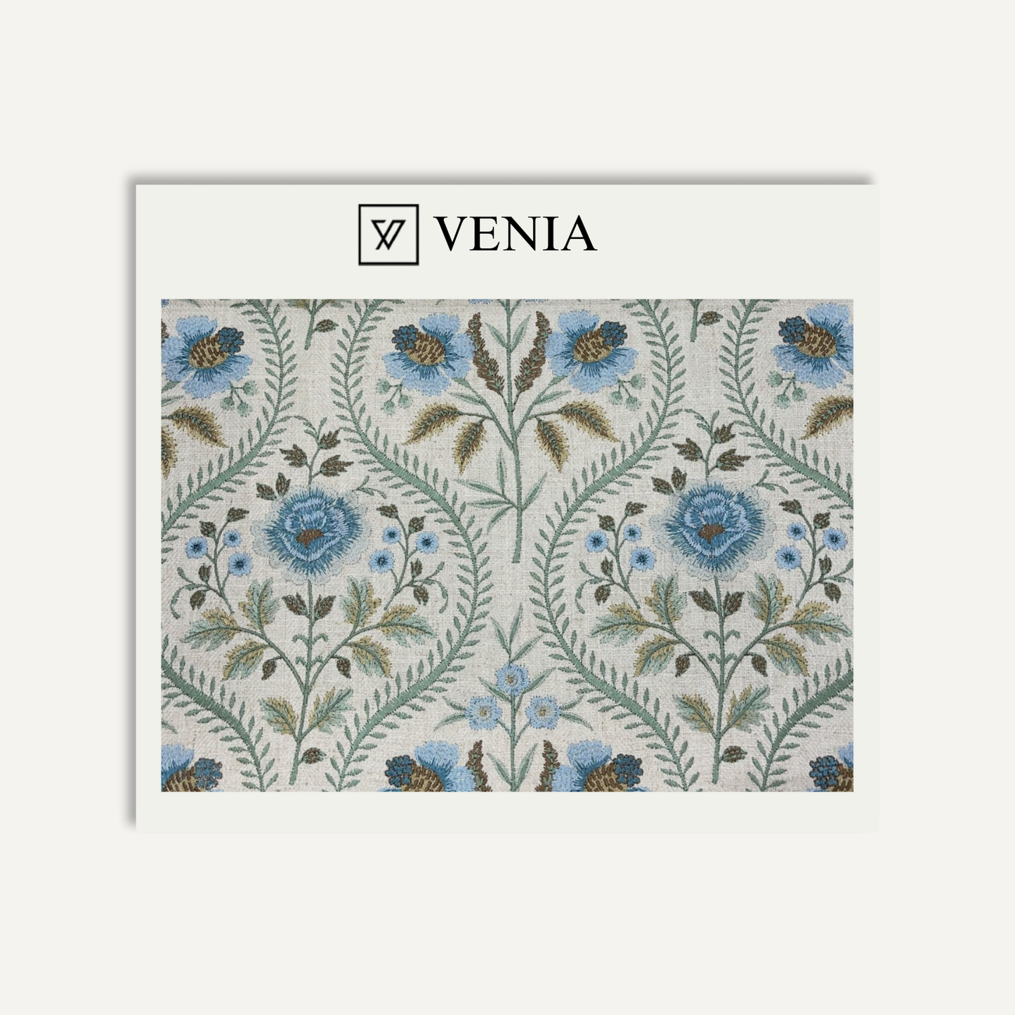 Blue floral tale upholstery fabric swatch by Venia Home