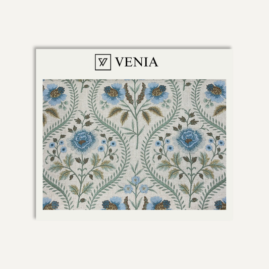 Blue floral tale upholstery fabric swatch by Venia Home