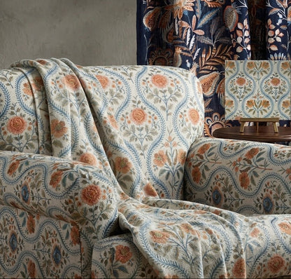 Close-up detail of peach floral tale fabric