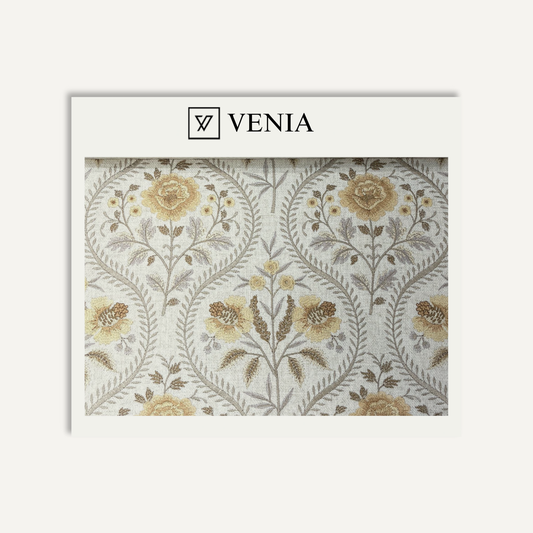 Yellow floral tale upholstery fabric swatch by Venia Home