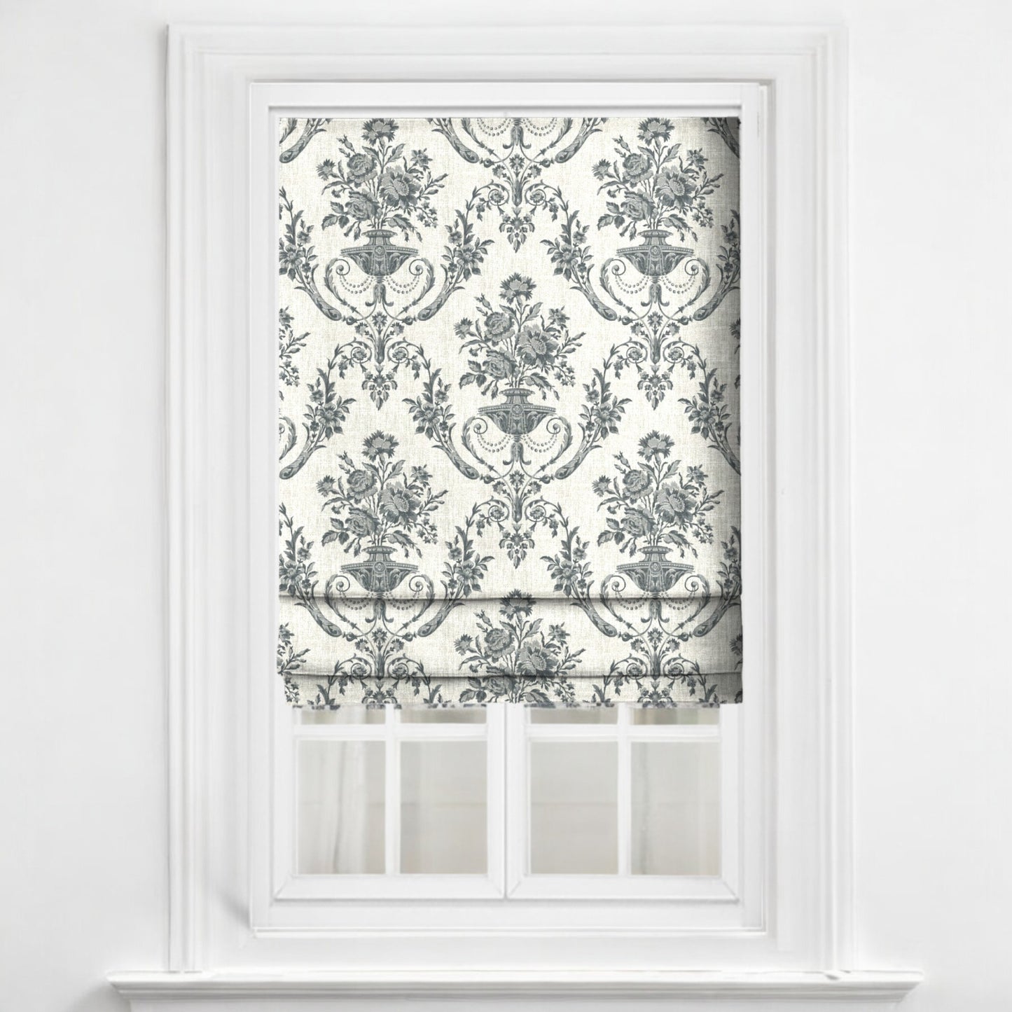 Charcoal Florentine urn fabric as blinds