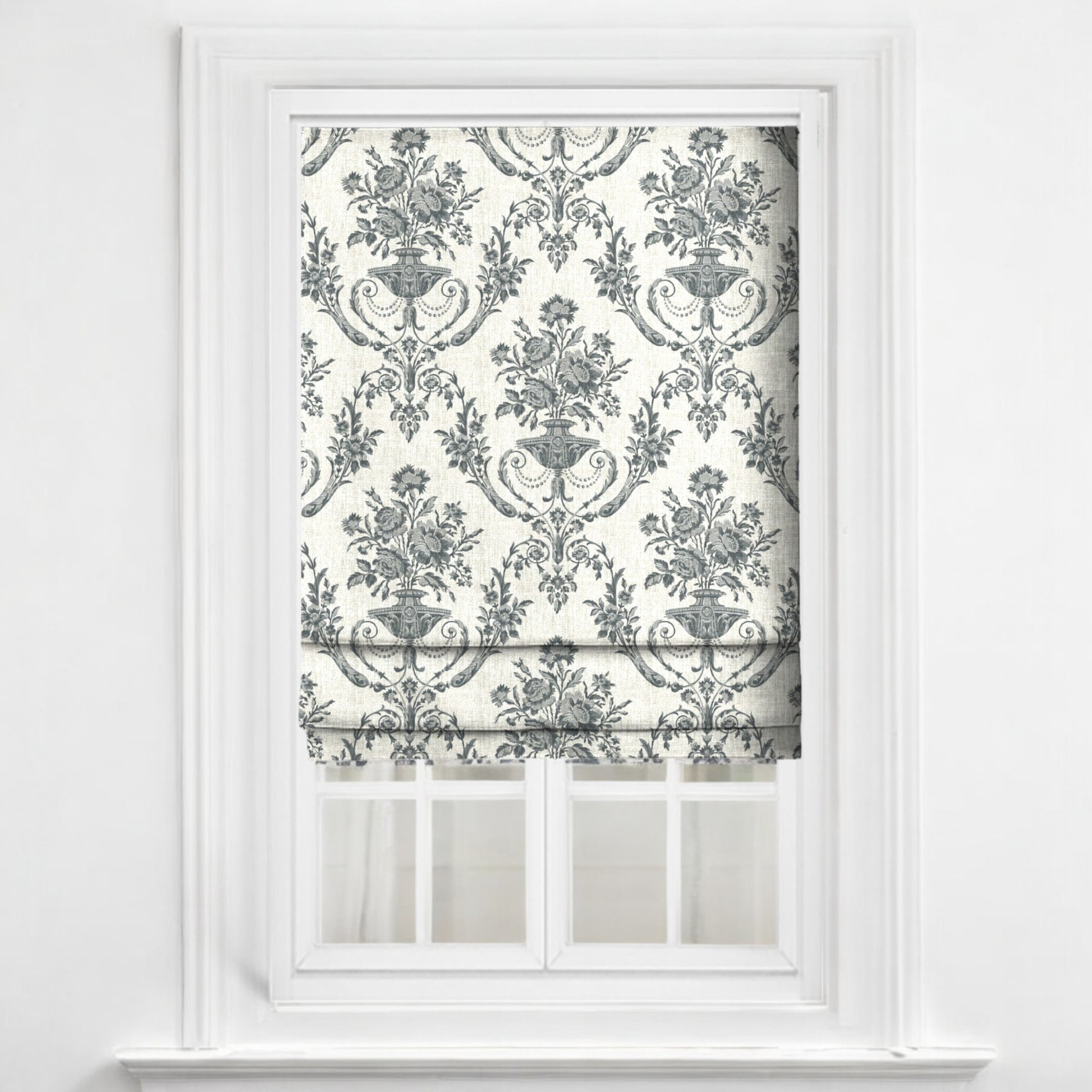 Charcoal Florentine urn fabric as blinds
