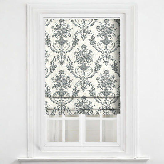 Charcoal Florentine urn fabric as blinds