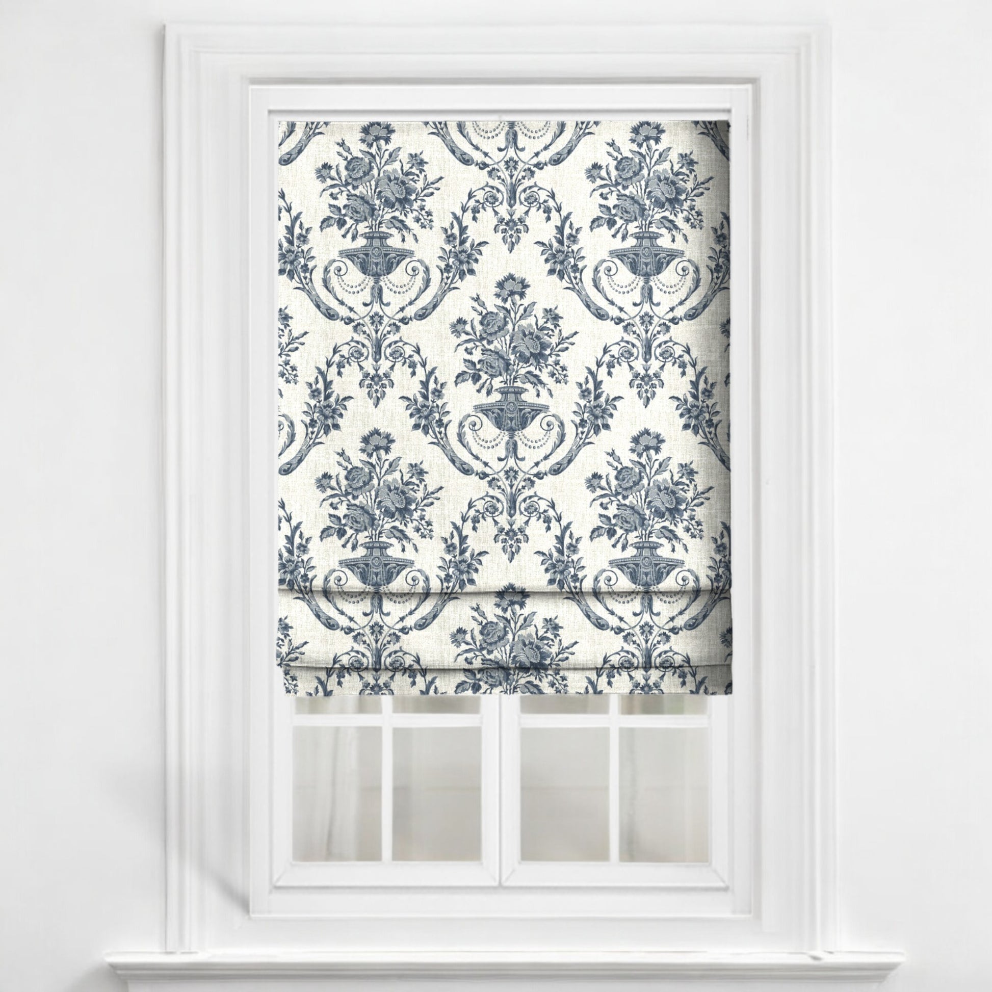 Midnight blue Florentine urn fabric as blinds