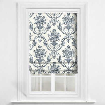 Midnight blue Florentine urn fabric as blinds