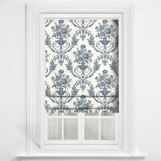 Midnight blue Florentine urn fabric as blinds