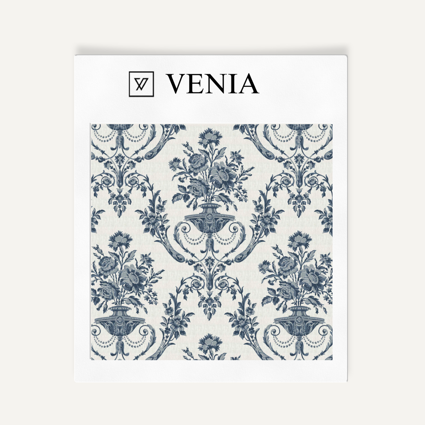 Midnight blue Florentine urn upholstery fabric swatch by Venia Home