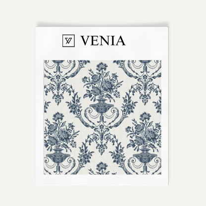 Midnight blue Florentine urn upholstery fabric swatch by Venia Home