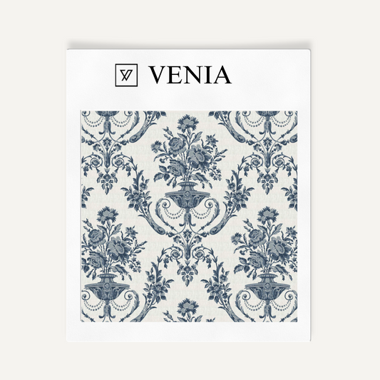 Midnight blue Florentine urn upholstery fabric swatch by Venia Home