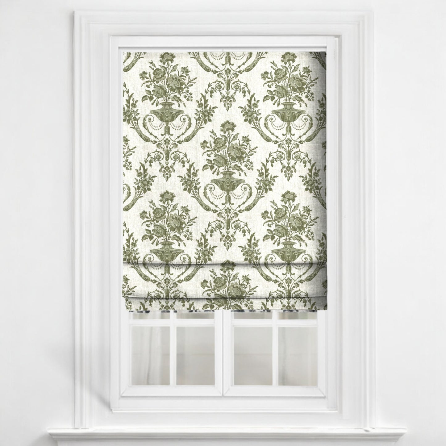 Olive green Florentine urn fabric as blinds