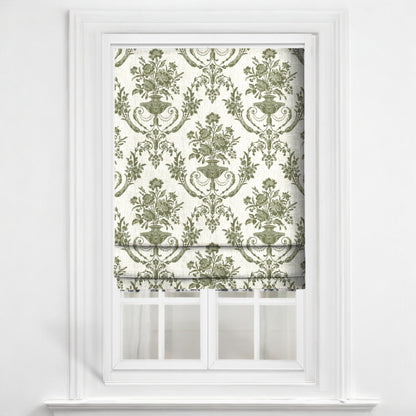 Olive green Florentine urn fabric as blinds
