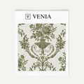 Olive green Florentine urn upholstery fabric swatch by Venia Home